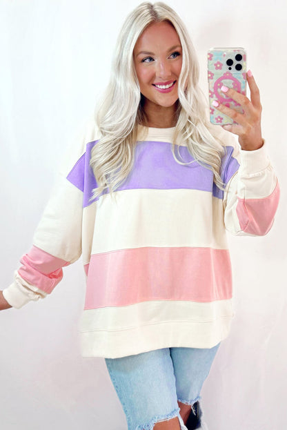 Beige Colorblock Patchwork Drop Shoulder Crewneck Sweatshirt