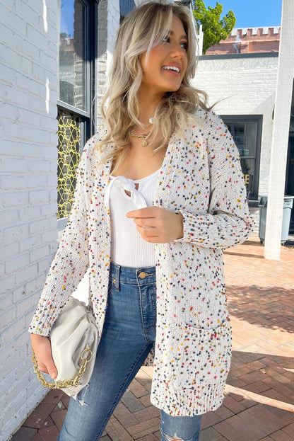 White Confetti Rib Knit Long Sleeve Cardigan