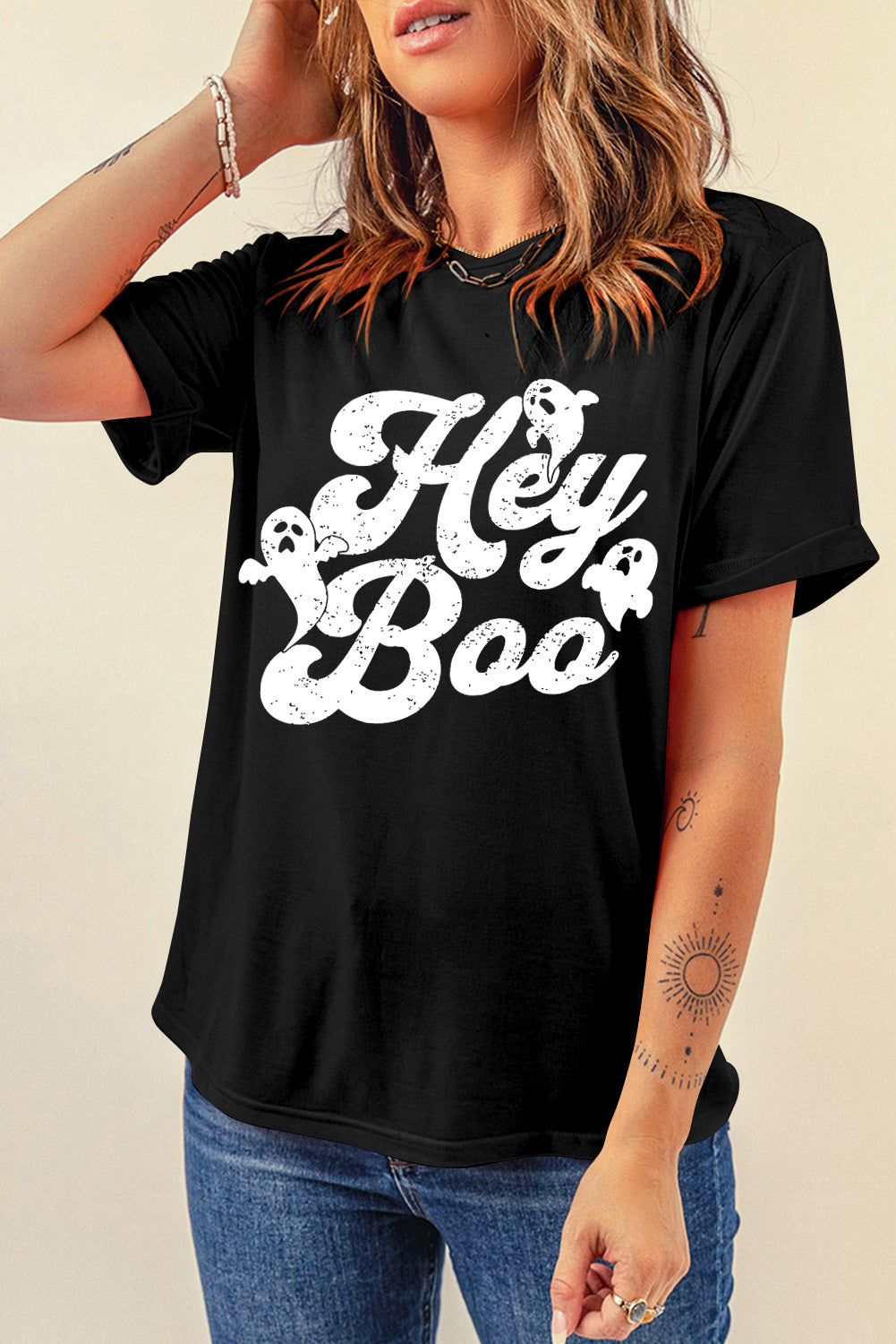 Black Halloween Hey Boo Ghost Print Crew Neck T Shirt