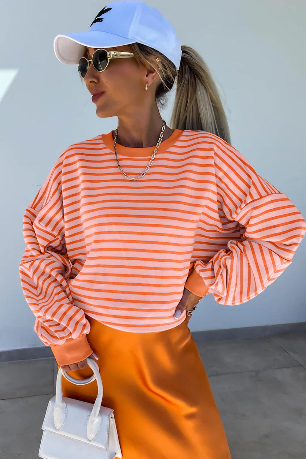 Russet Orange Drop Shoulder Crew Neck Loose Sweatshirt