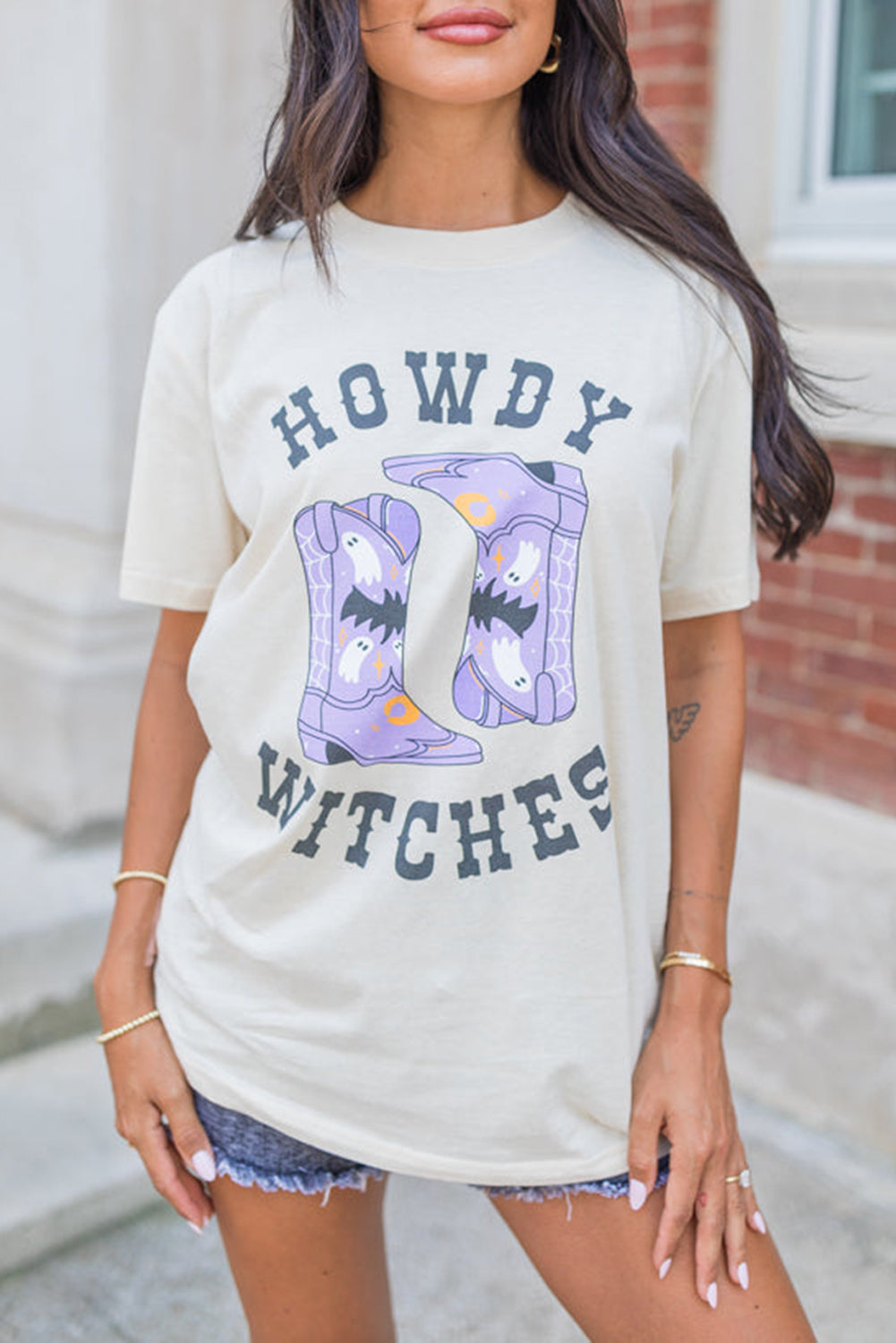 White HOWDY WITCHES Halloween Boots Crewneck T Shirt