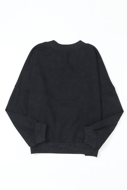 Black Drop Shoulder Crew Neck Pullover Sweatshirt