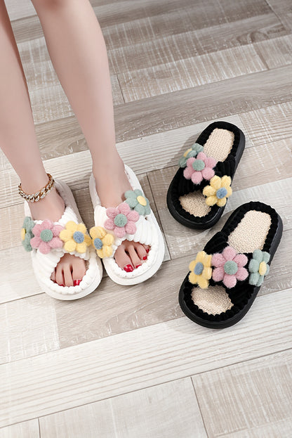 White Fuzzy Flower Cross Strap Open Toe Slippers