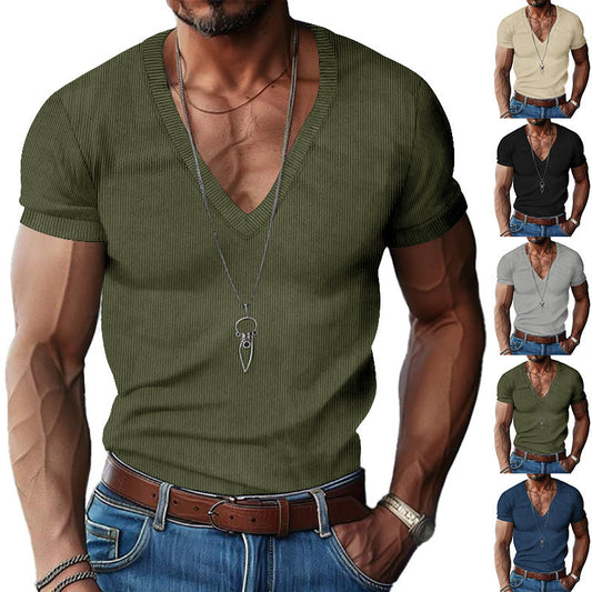 V-neck Solid Color Slim Fit Casual T-shirt Men's Top