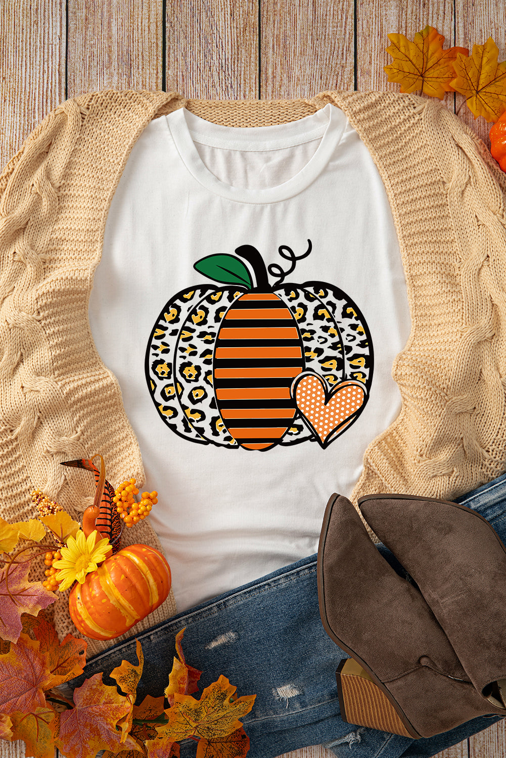 White Leopard Striped Pumpkin Printed Thanksgiving T Shirt