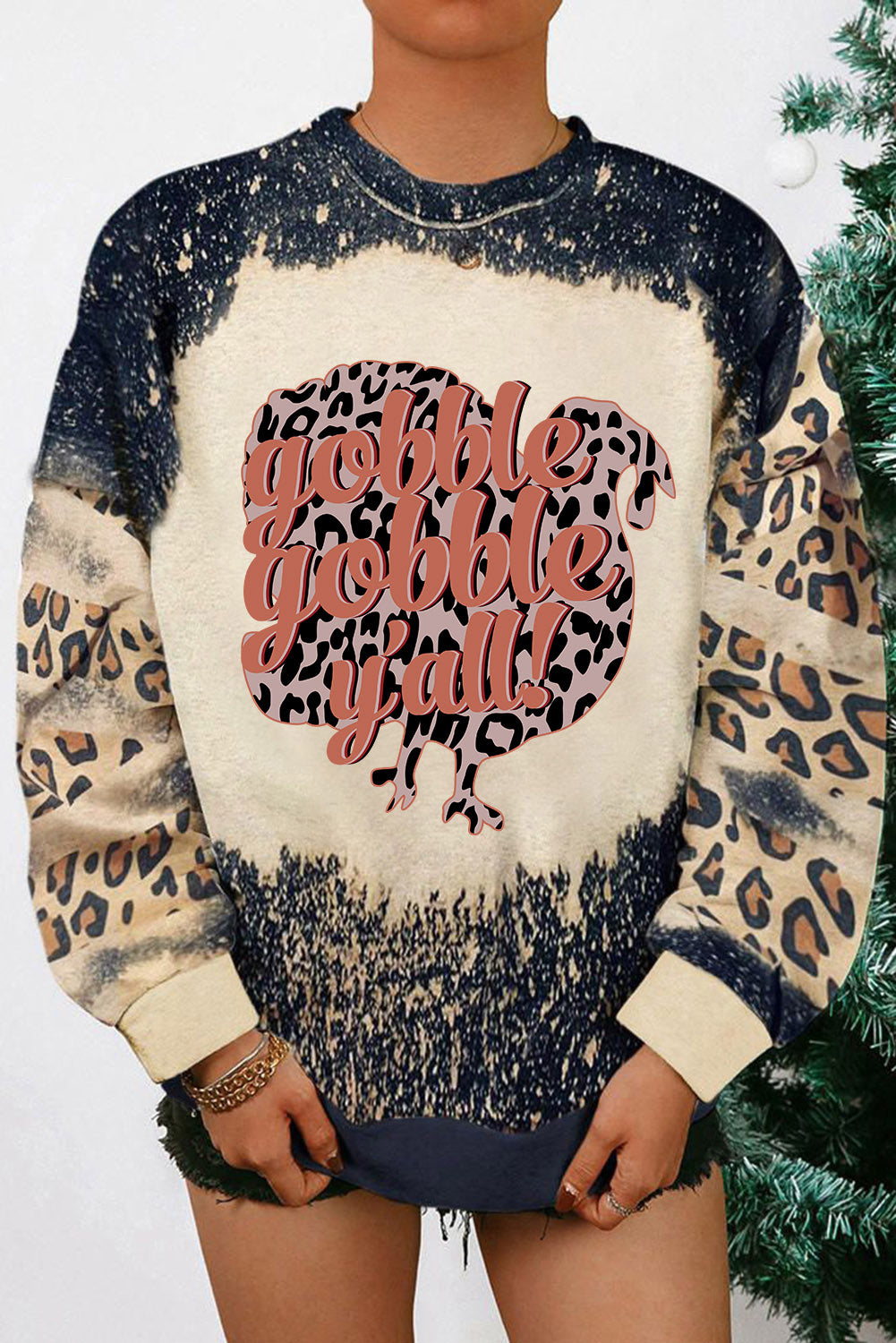 Black Gobble Gobble Yall Bleached Leopard Pullover Sweatshirt