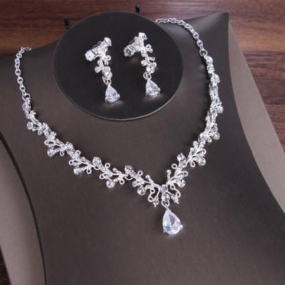 Korean Style Necklace And Earrings Suite Zircon Stud Earrings Alloy Set Chain