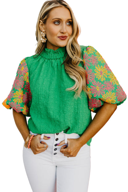 Bright Green Floral Puff Short Sleeve Ruffled Collar Button Back Top