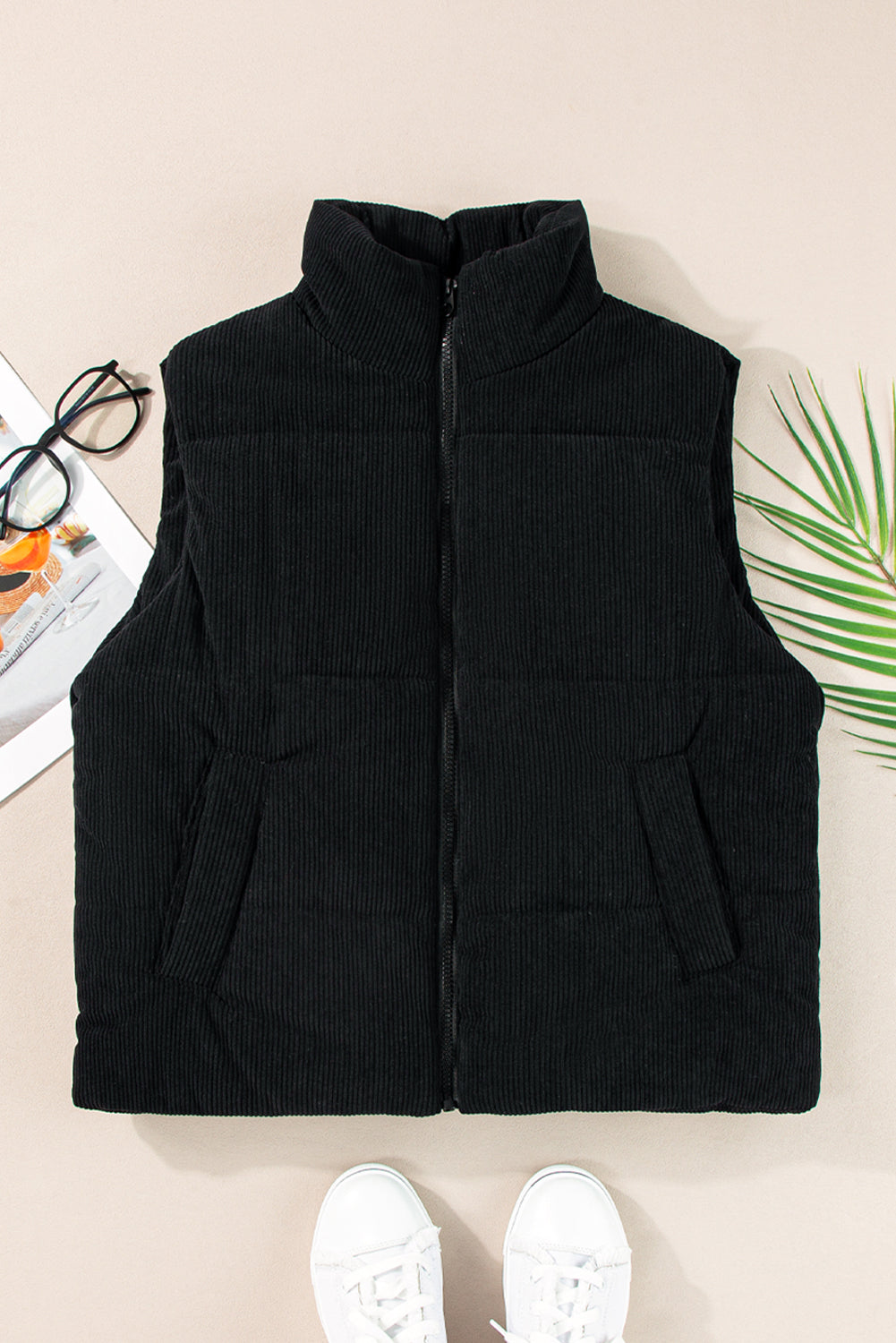 Coffee Corduroy Stand Neck Zipped Puffer Vest