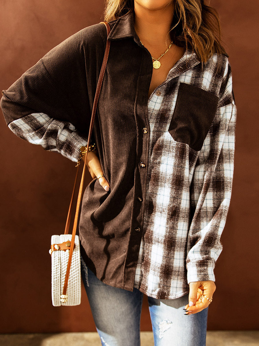 Women's Long Sleeve Loose Pockets Woolen Shirt