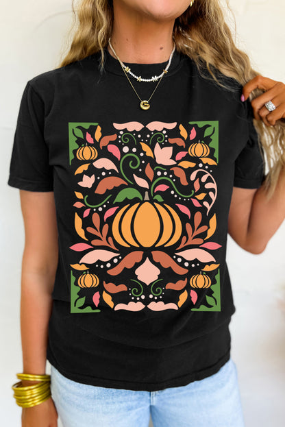 Black Abstract Pumpkin Graphic Crewneck Thanksgiving T Shirt