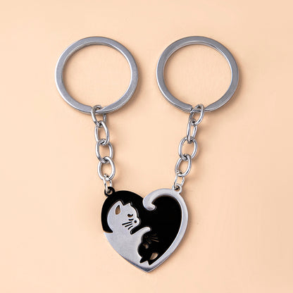 Love Heart Black White Cats Stainless Steel Couple Keychains