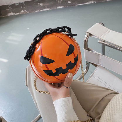 Halloween Cartoon Pumpkin Ball Handbags With Chain Personality Creative Funny Shoulder Bags For Kids Women