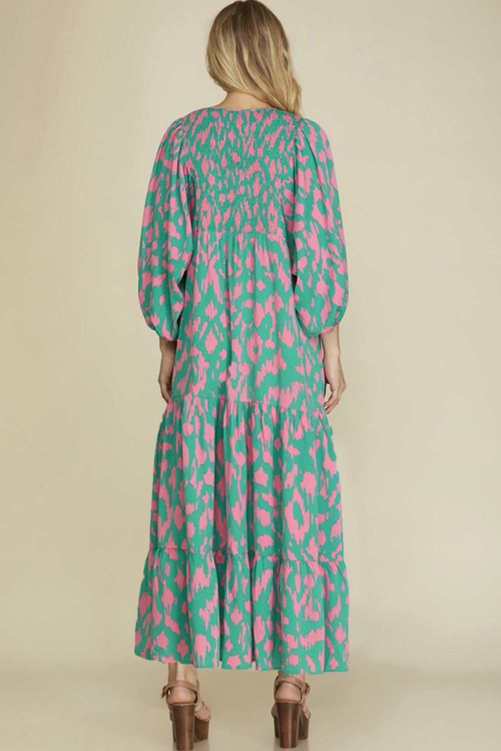 Sky Blue Abstract Print Puff Sleeve Tied Notched Neck Long Dress