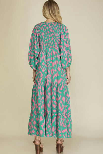 Sky Blue Abstract Print Puff Sleeve Tied Notched Neck Long Dress