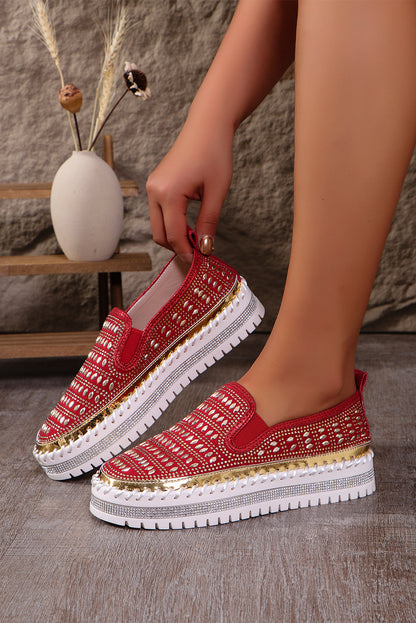 Fiery Red Sequin Thick Sole Slip On Shoes