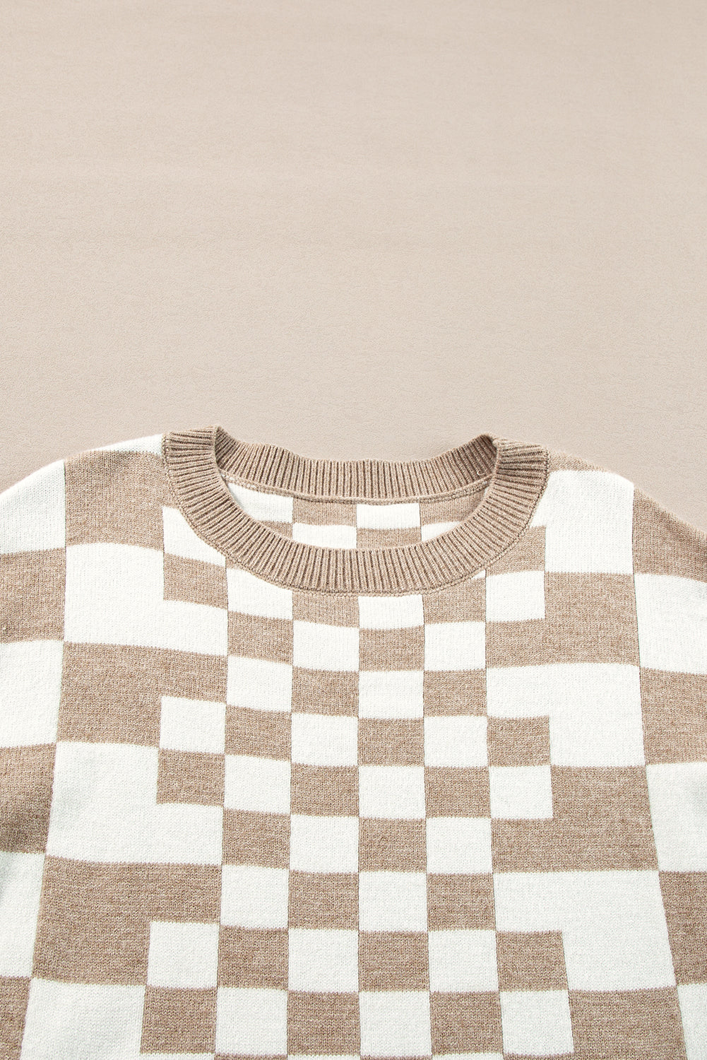 Gray Checkered Print Drop Shoulder Round Neck Sweater