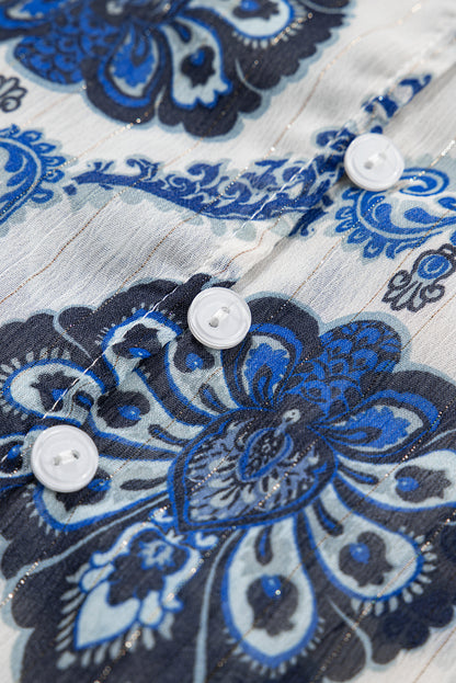 Blue Tribal Pattern Buttoned Front Loose Shirt