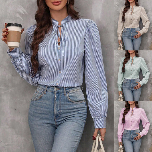 Women's V-neck Lace-up Button Striped Long Sleeve Shirt