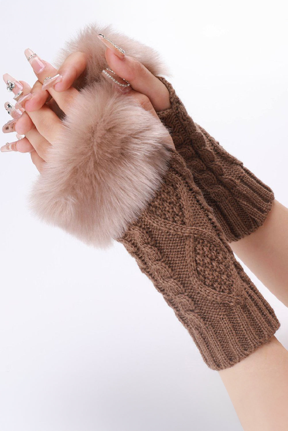 Camel Faux Fur Detail Fingerless Textured Knitted Gloves