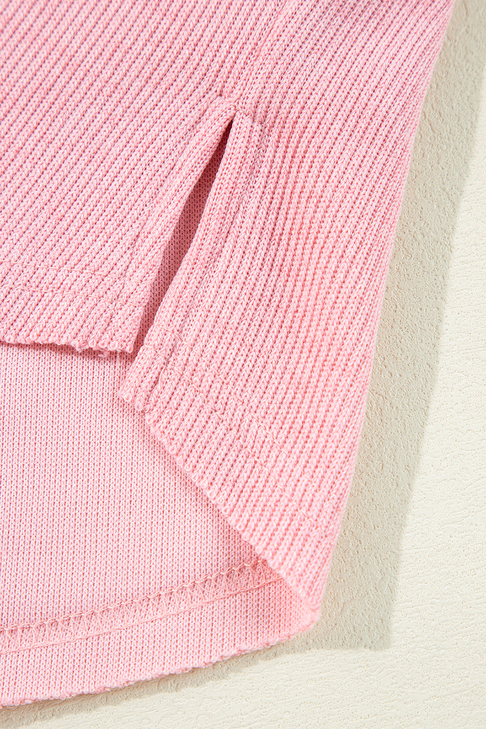 Pink Ribbed Knit Collared Henley Top with Chest Pocket