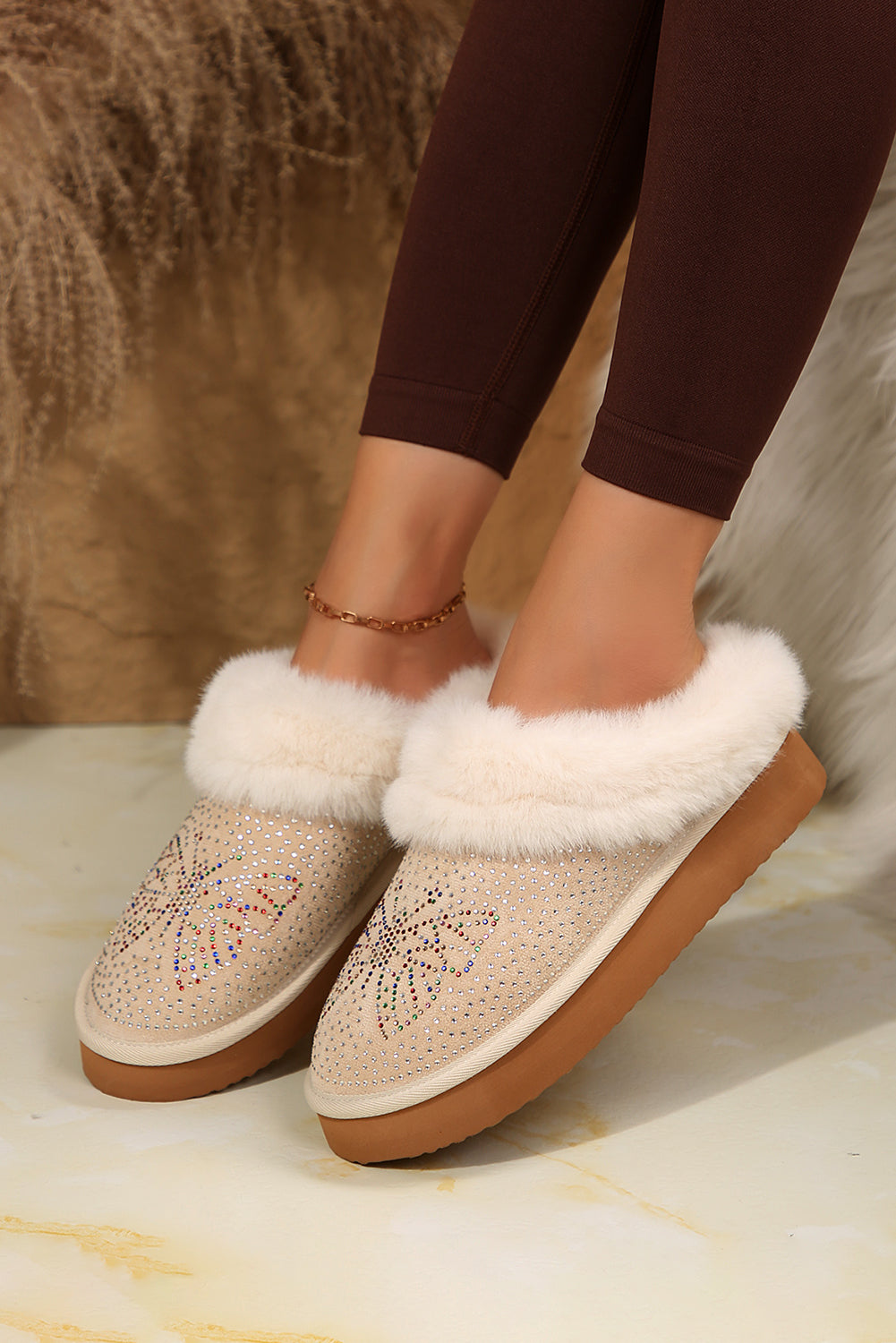 Beige Butterfly Sequined Thick Sole Plush Slip On Boots