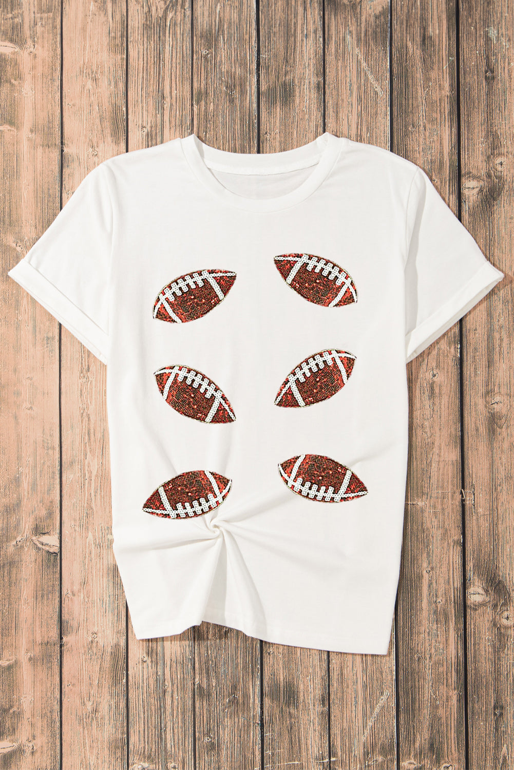 White Sequined Rugby Football Graphic Cotton T Shirt