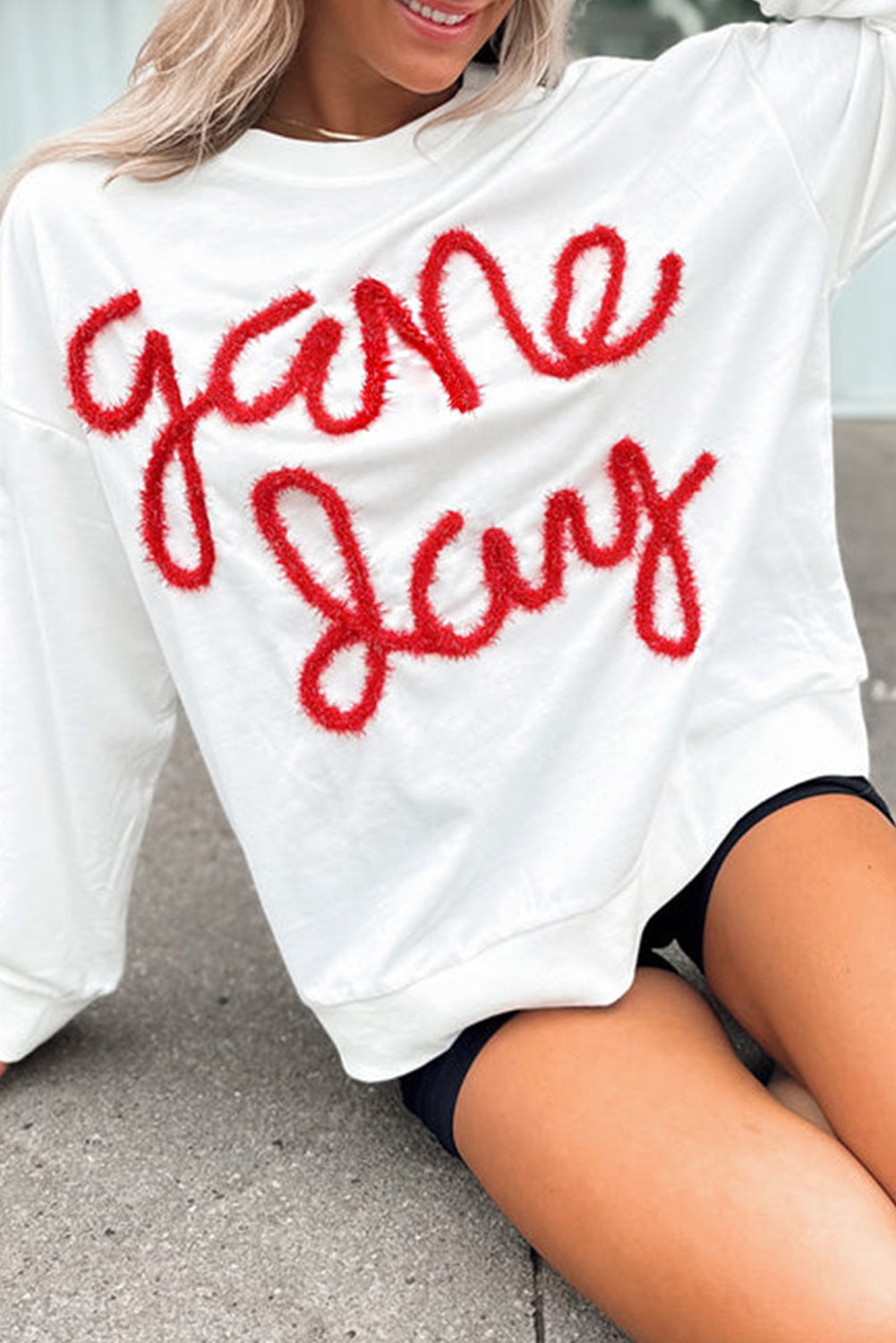 Russet Orange Tinsel Game Day Drop Shoulder Graphic Sweatshirt