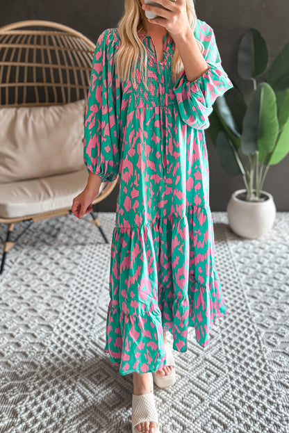 Sky Blue Abstract Print Puff Sleeve Tied Notched Neck Long Dress