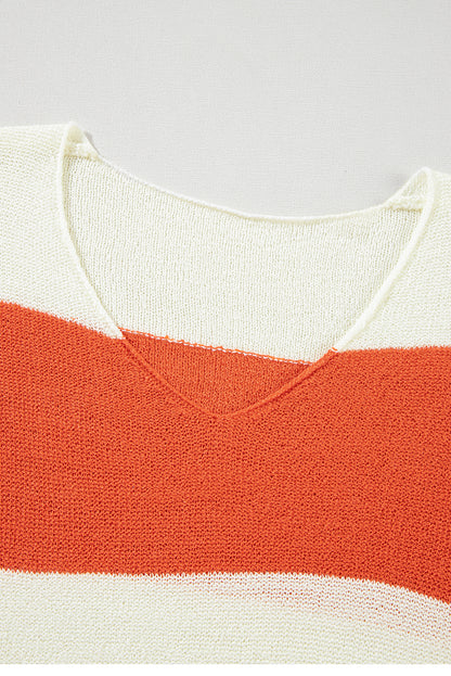 Orange Stripe Loose Color Block Drop Shoulder Bubble Sleeve Sweater