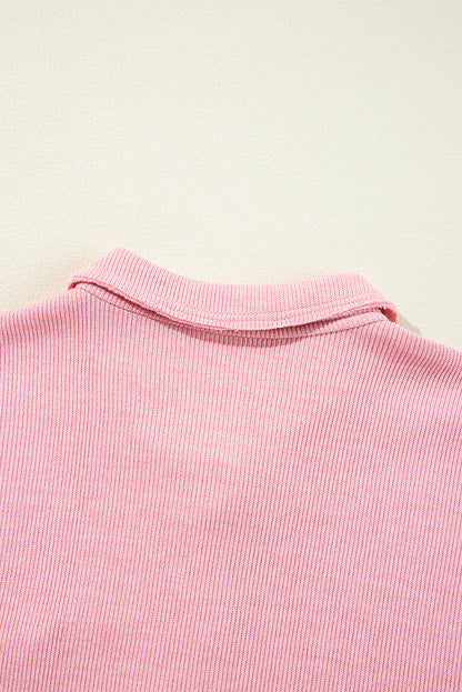 Pink Ribbed Knit Collared Henley Top with Chest Pocket