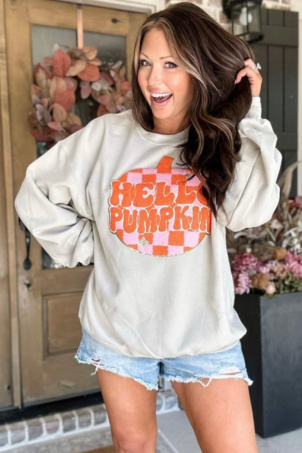 White Terry Halloween Pumpkin Patched Pattern Pullover Sweatshirt