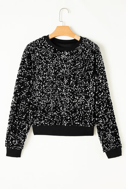 Black Sequined Long Sleeve Crew Neck Cropped Blouse