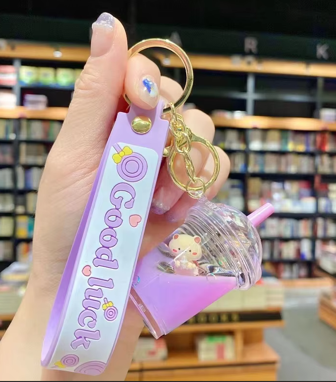 Pearl Milk Tea Cup Keychain with Floating Boba and Teddy Bear Charm