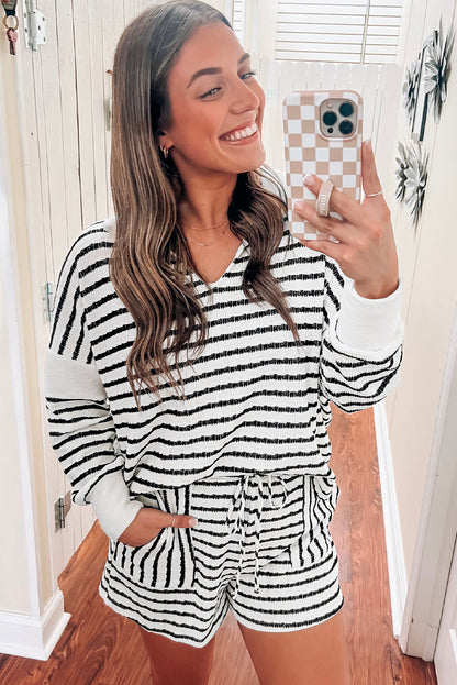 Black Stripe Collared V Neck Long Sleeve Top Plus Shorts Set