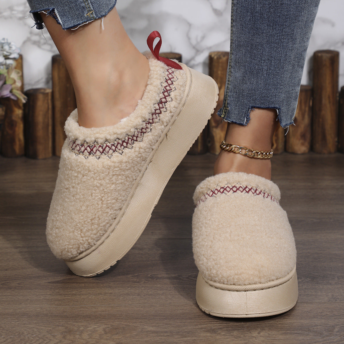 New Ethnic Style Sewing-edge Plush Slippers Winter Indoor Floor Thick-soled Slipper Fashion Outdoor Warm Garden Shoes