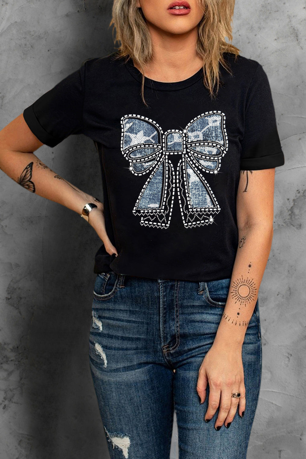 Black Rhinestone Bowknot Graphic Crewneck T Shirt