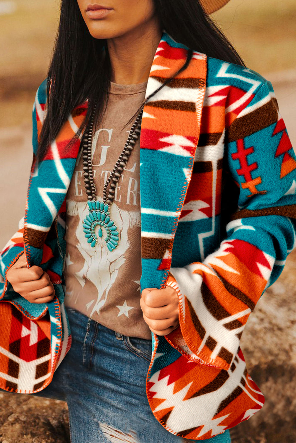 Sky Blue Aztec Printed Lapel Bell Sleeve Jacket