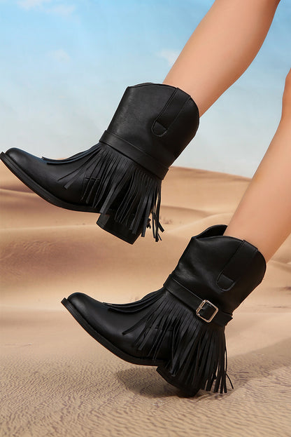 Black Fringed Wide Calf Faux Leather Western Boots