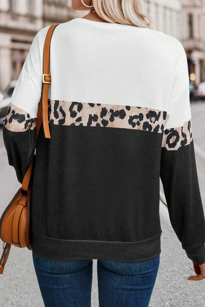 Black Leopard Colorblock Round Neck Long Sleeve Top