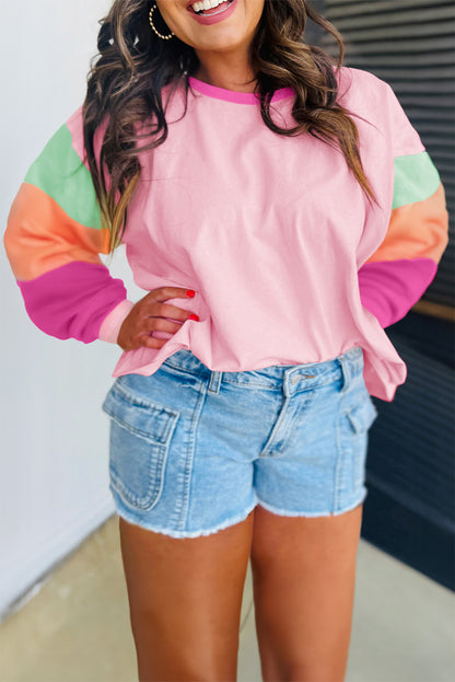 Pink Colorblock Patchwork Long Sleeve Plus Size Top