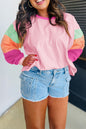 Pink Colorblock Patchwork Long Sleeve Plus Size Top