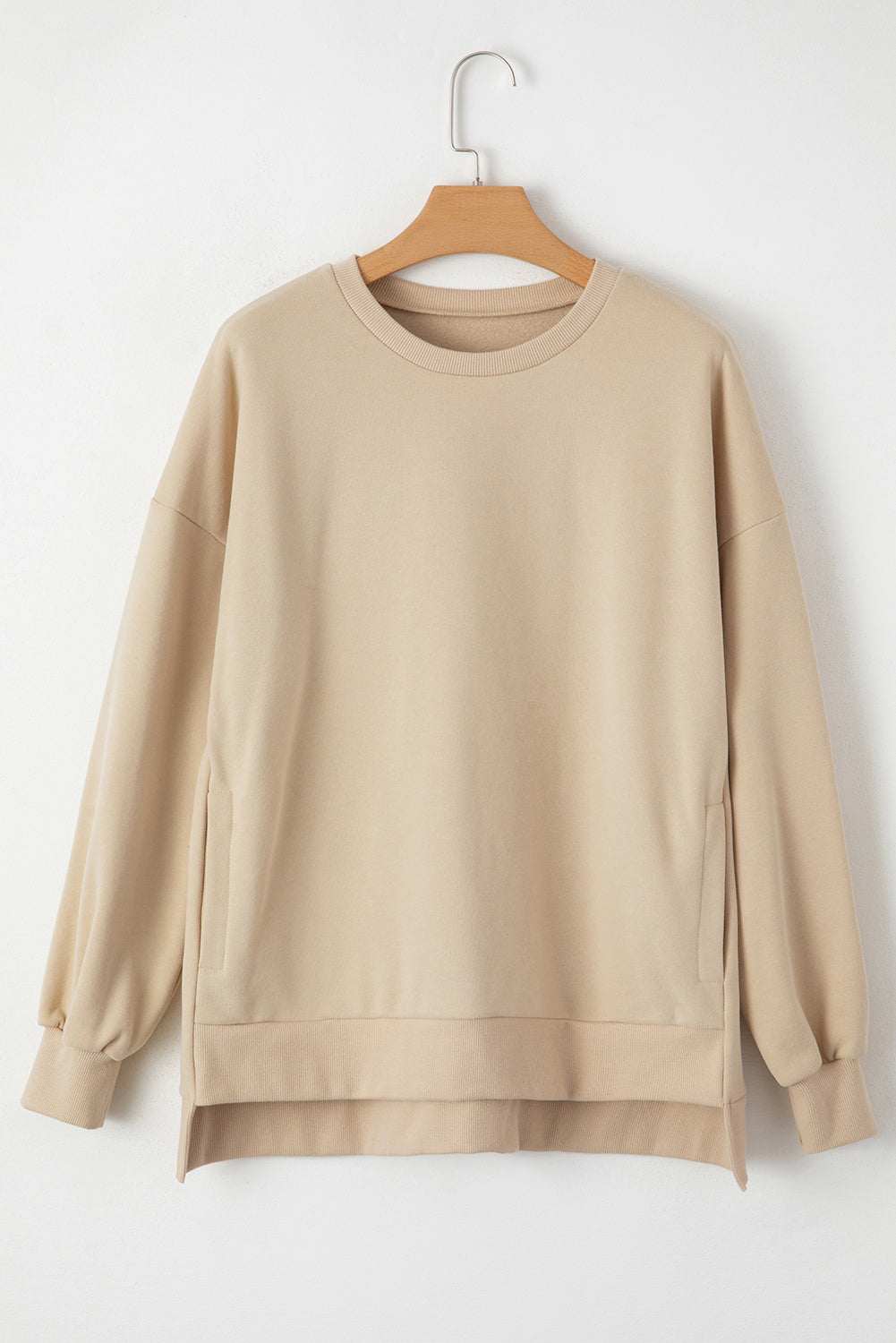 Apricot Solid Fleece Lined Drop Shoulder High Low Sweatshirt