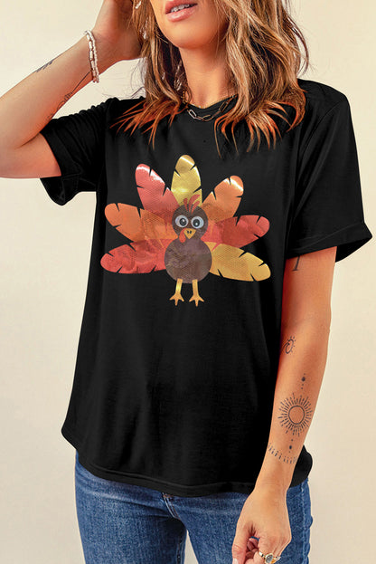 Black Leafy Turkey Graphic Crewneck Thanksgiving T Shirt