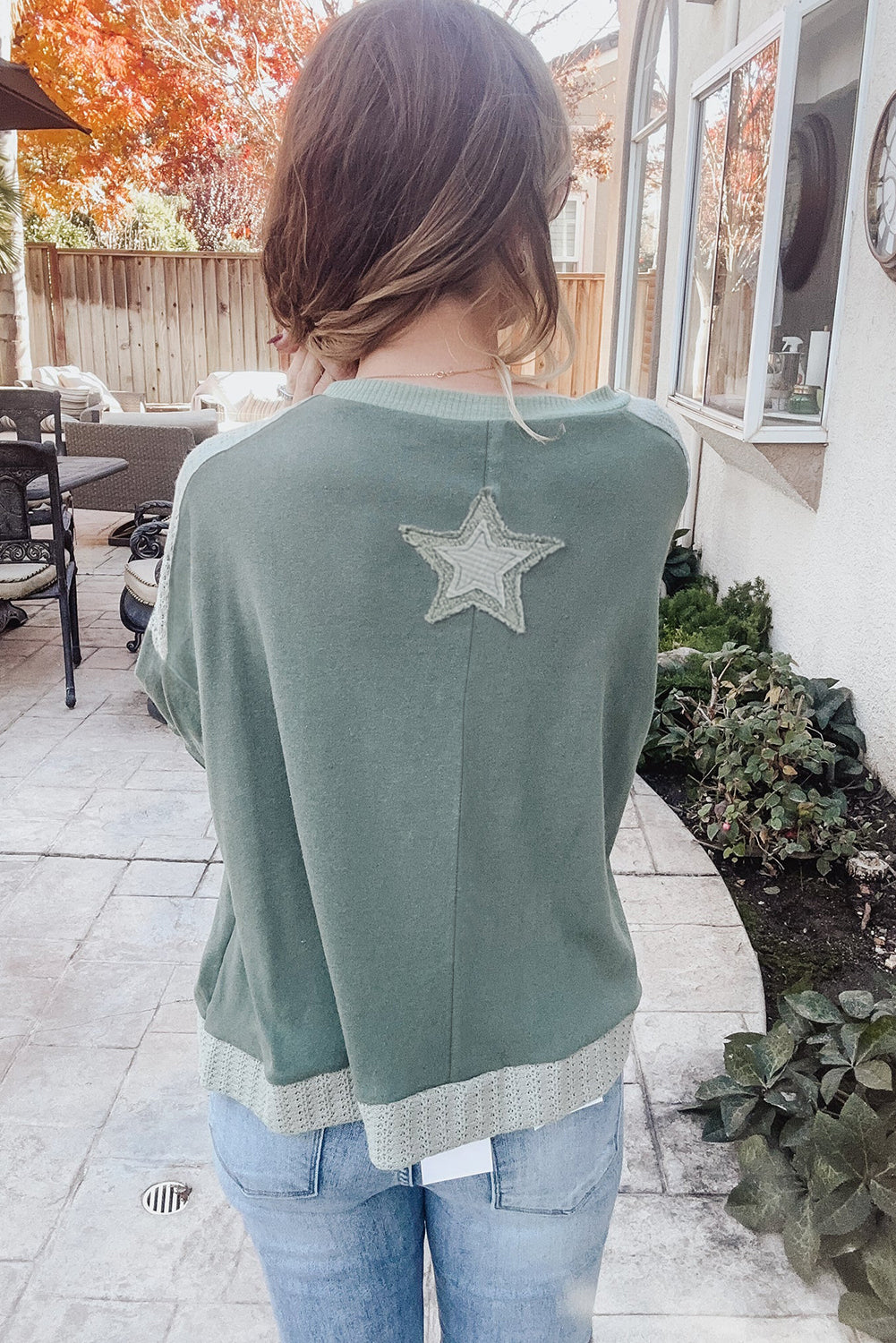 Mist Green Stars Patchwork Round Neck Plus Size T Shirt