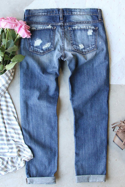 Sky Blue Sequin Pumpkin Patched Distressed Straight Leg Jeans