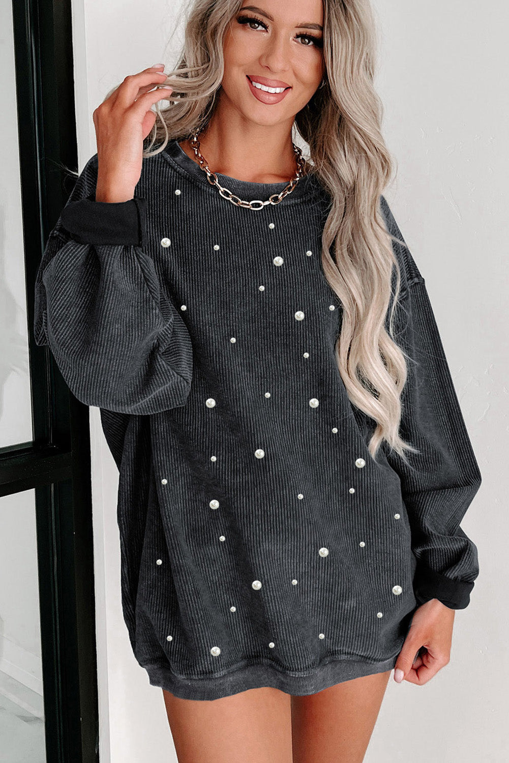 Black Beaded Corded Crew Neck Sweatshirt