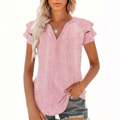 Women's V-neck Pleated Short Sleeves T-shirt