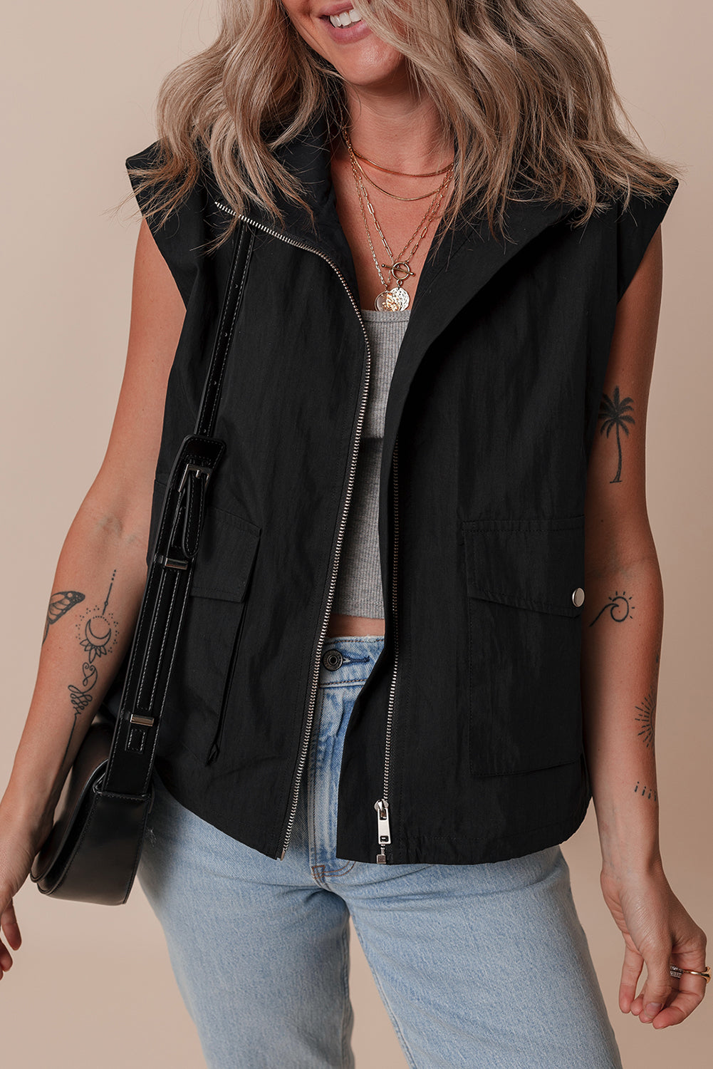 Black Flap Pockets Zip Up High Neck Vest