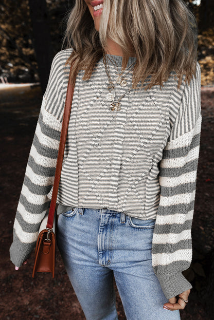 Red Stripe Geometric Textured Drop Shoulder Sweater